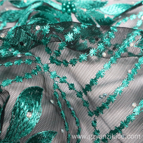 Green African Net Lace Pearl Embroidery Fabric